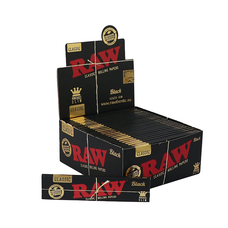 Full display box of RAW Black Slim rolling papers on white background