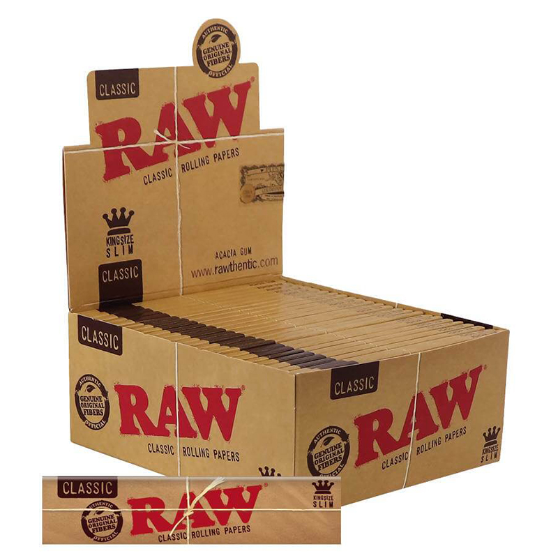 RAW King Size Slim rolling papers retail display box on white background