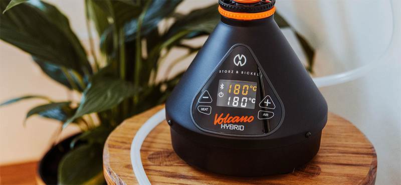 Storz and Bickel Volcano Hybrid desktop vaporizer with balloon and whip