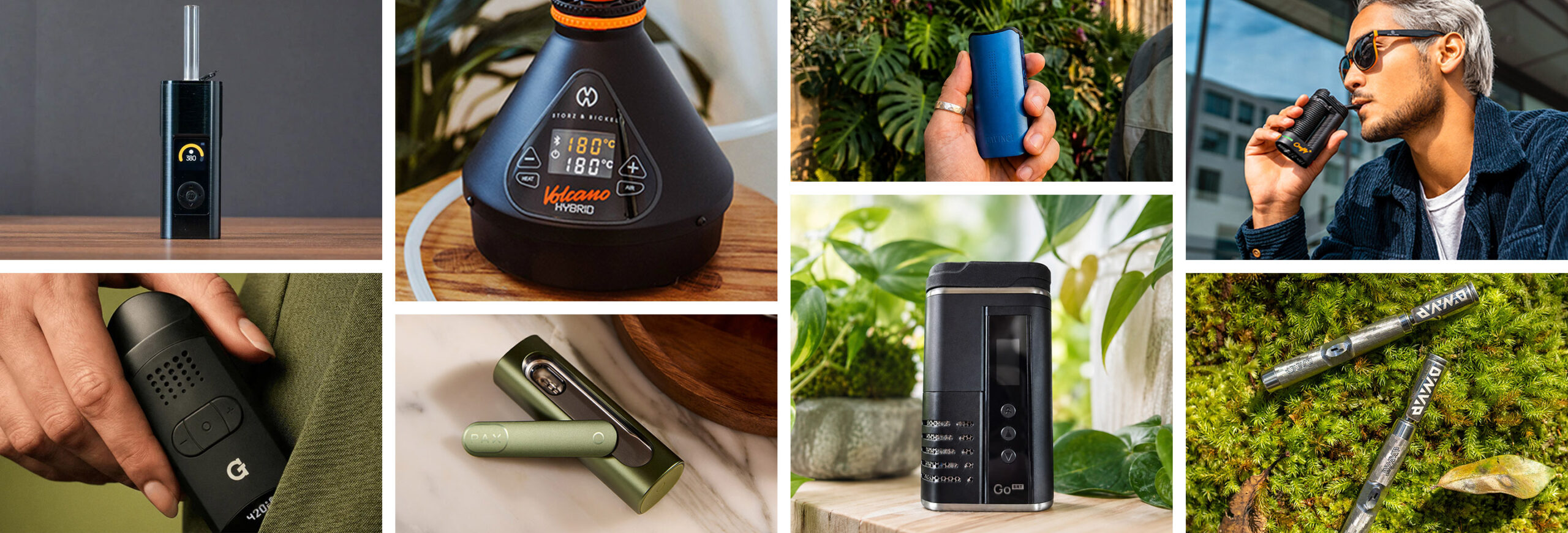 Dry herb vaporizers banner showing a selection of portable and desktop vape devices