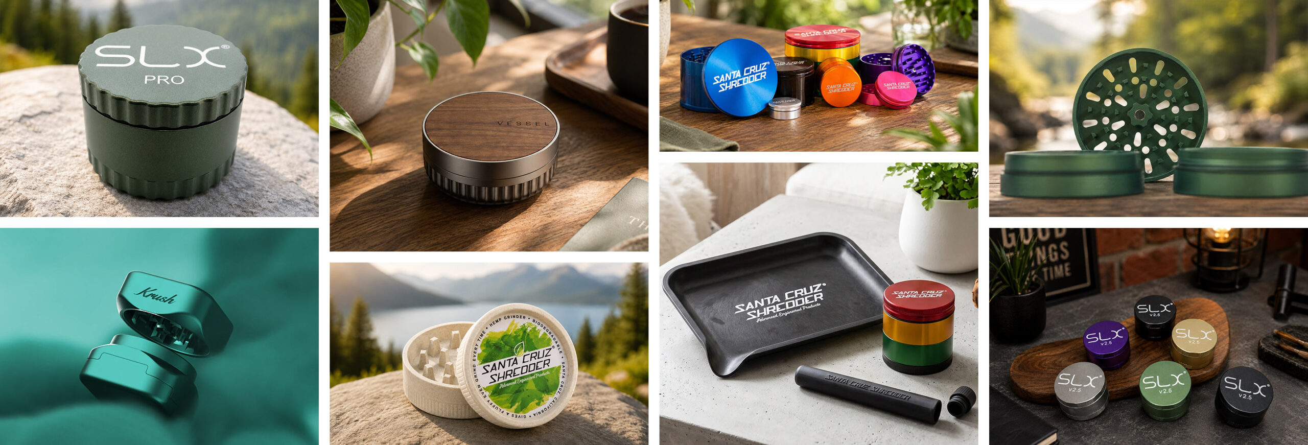 SLX, Krush and Santa Cruz Shredder grinders displayed in outdoor nature settings with mountains, forests and lakes in the background.
