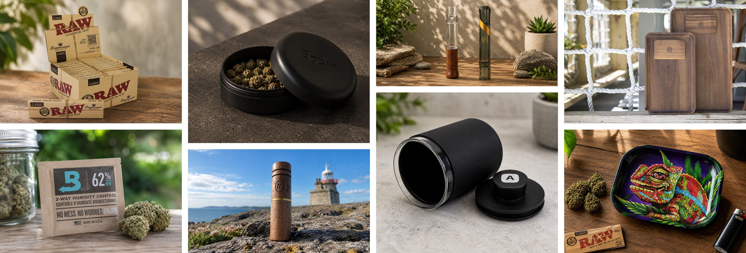 Smoking accessories banner featuring rolling papers, humidity packs, storage jars, wooden trays and herb storage containers.