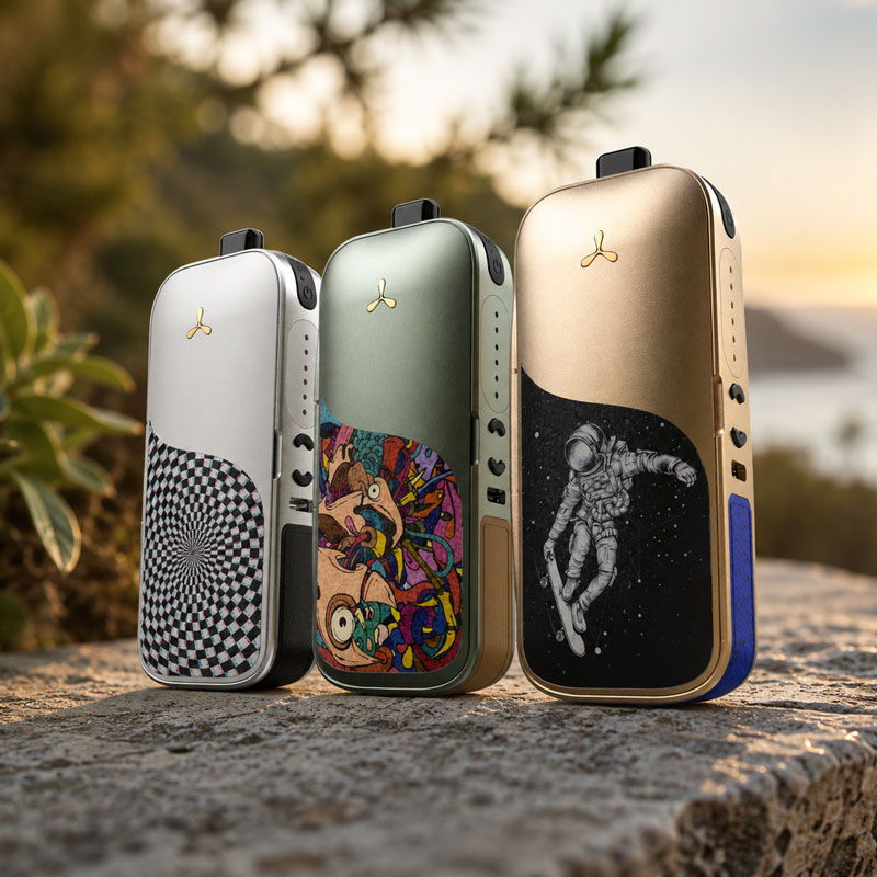 Three AirVape Legacy CORE vaporizers with signature skins displayed outdoors on a stone wall