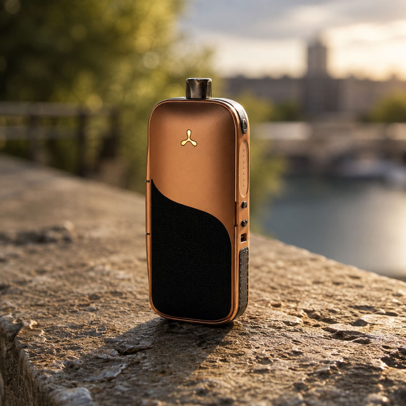 Rose gold AirVape Legacy CORE vaporizer standing on a stone wall beside the waterfront