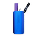 Blue DaVinci IQ Core vaporizer with top lid open and removable battery partially inserted