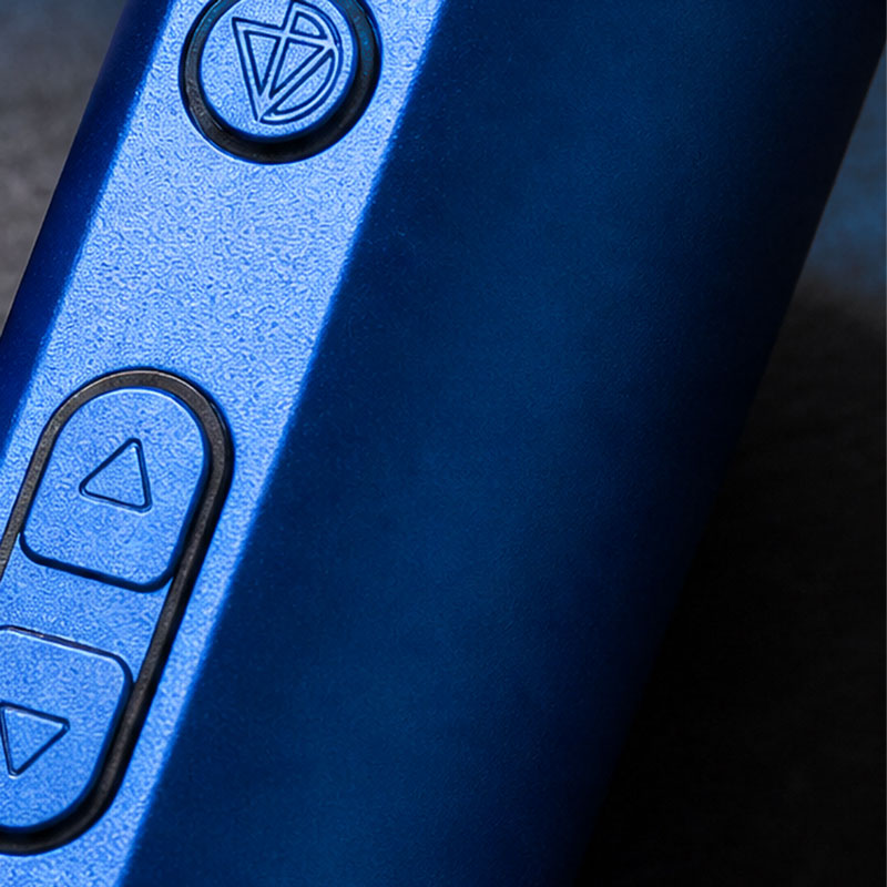 Close-up of the side controls on the blue DaVinci IQ Core vaporizer