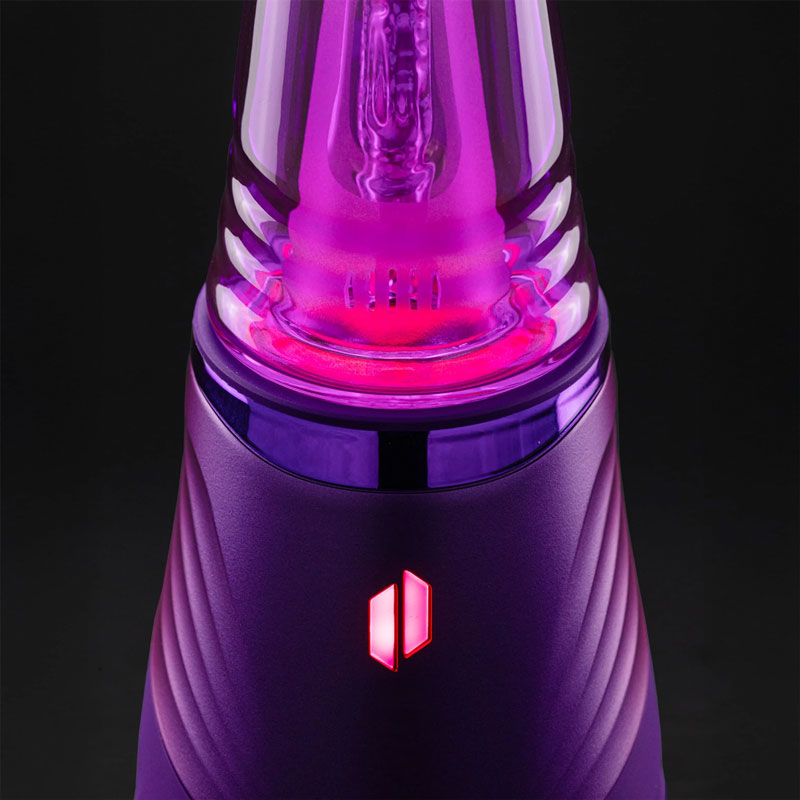 Detailed view of the glowing glass, LED lighting and logo on the Peak Pro Plasma