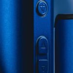 Blue DaVinci IQ Core vaporizer shown from the front with vertical LED display