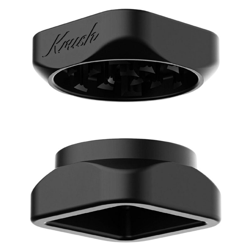 Black Krush Kube 2.0 aluminium grinder opened to show its grinding teeth and two-part design