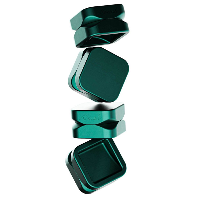 Exploded view of the emerald green Krush Kube 2.0 55mm two-part aluminium grinder