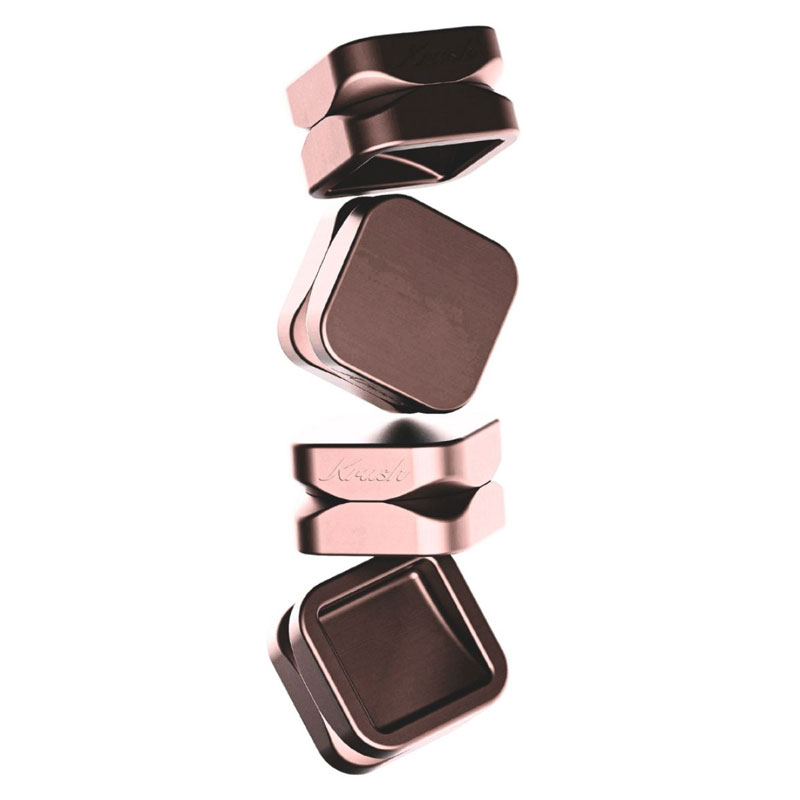 Exploded view of the rose gold Krush Kube 2.0 55mm two-part aluminium grinder