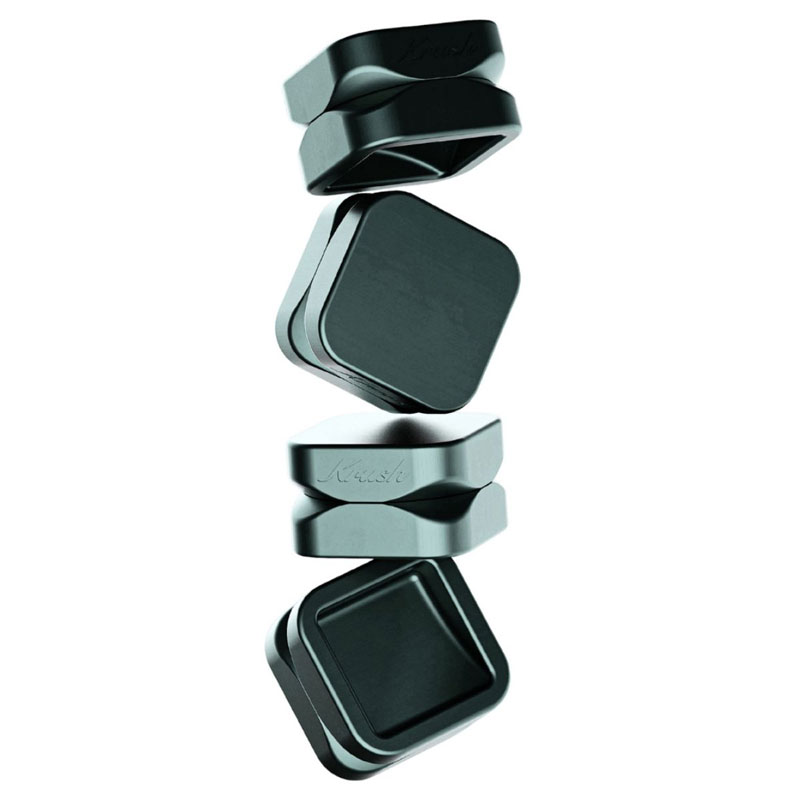 Exploded view of the space grey Krush Kube 2.0 55mm two-part aluminium grinder