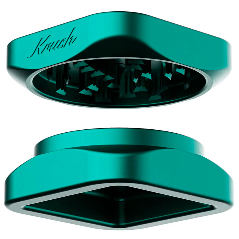 Separated view of the emerald green Krush Kube 2.0 XL showing both grinder sections and grinding teeth