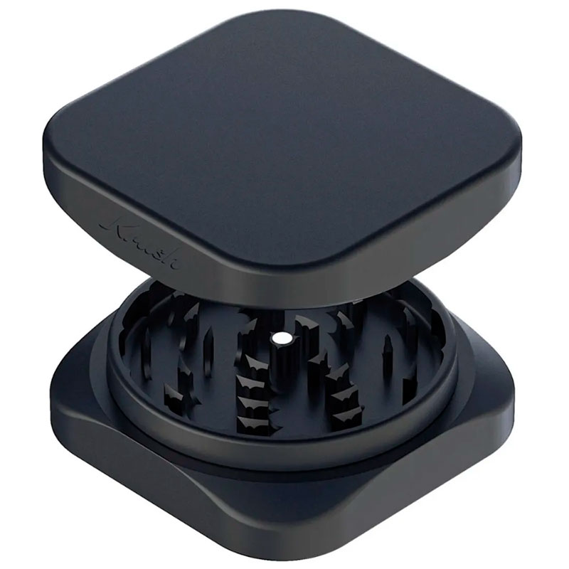 Black Krush Kube 2.0 XL aluminium grinder opened to show its grinding teeth