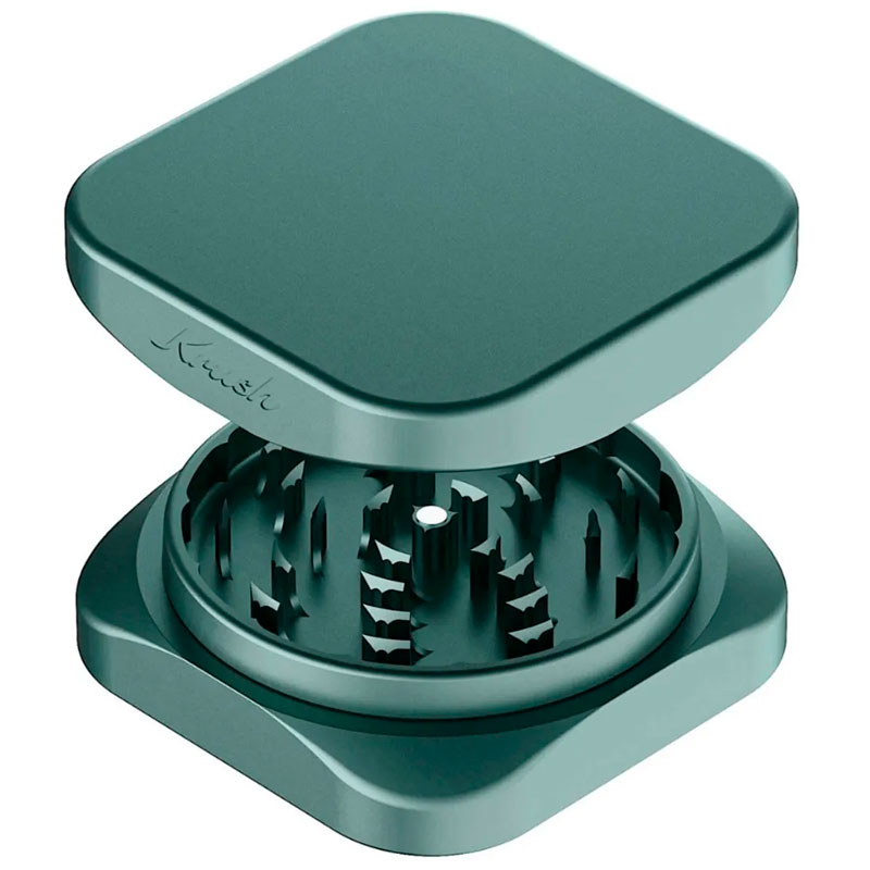 Space grey Krush Kube 2.0 XL aluminium grinder opened to show its grinding teeth