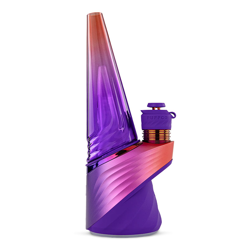 Side profile showing the sculpted purple base, glass piece and concentrate chamber