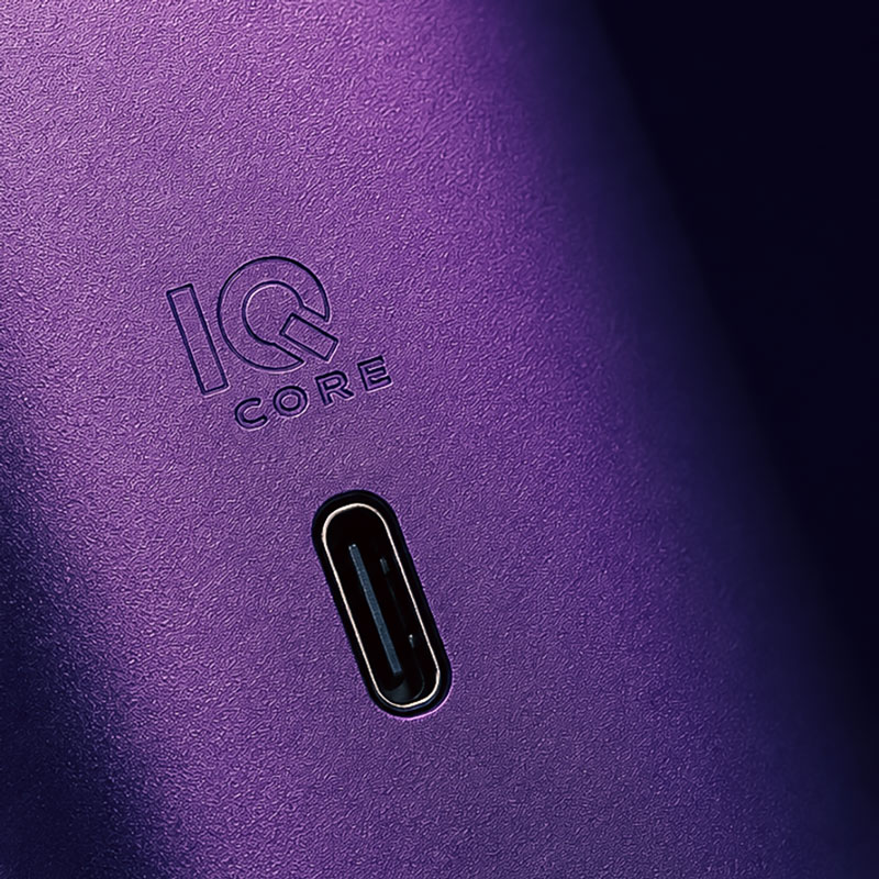 Close-up of the USB-C charging port on the purple DaVinci IQ Core vaporizer