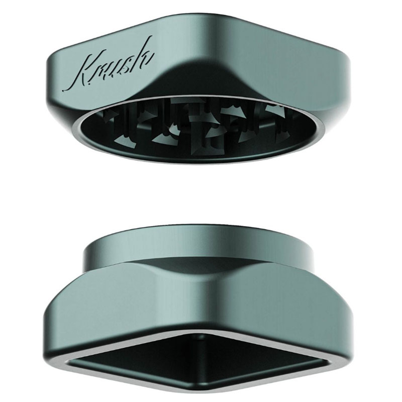 Space grey Krush Kube 2.0 aluminium grinder opened to show its grinding teeth and two-part design