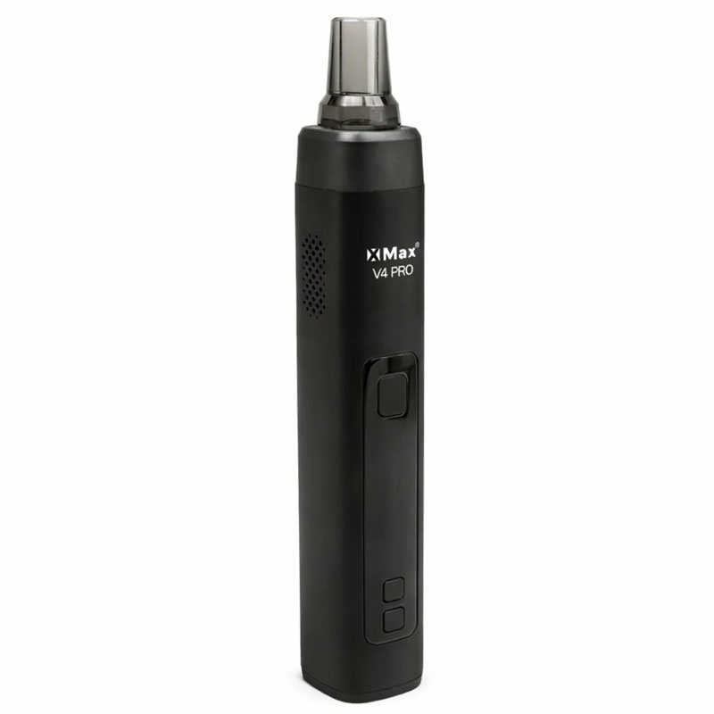 Black XMax V4 Pro dry herb vaporizer shown from a side angle