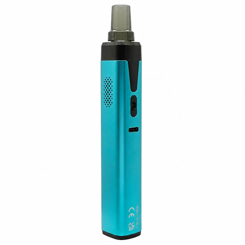 Rear view of the blue XMax V4 Pro vaporizer showing the airflow vent and USB C port