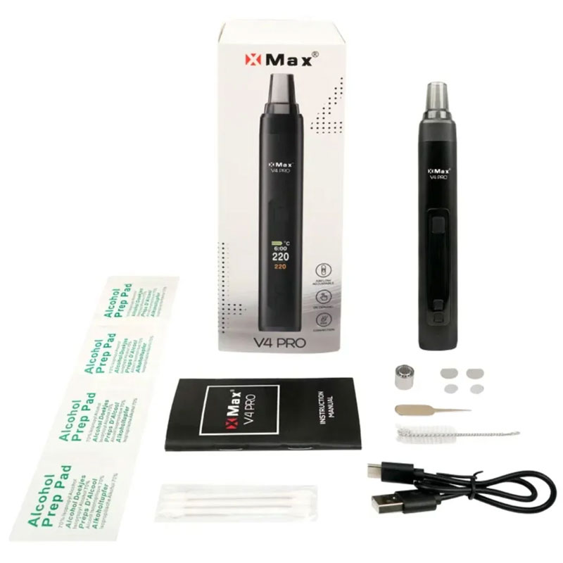 XMax V4 Pro vaporizer package with cleaning tools, screens, USB C cable and instruction manual