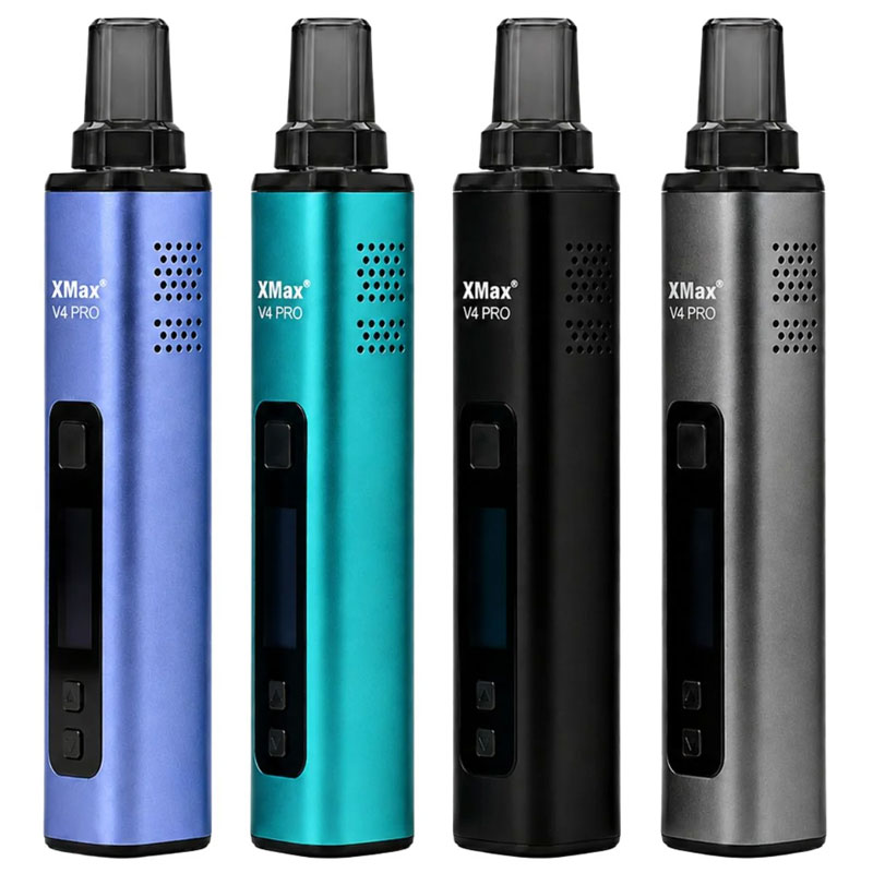 XMax V4 Pro dry herb vaporizers displayed in Very Peri, blue, black and grey