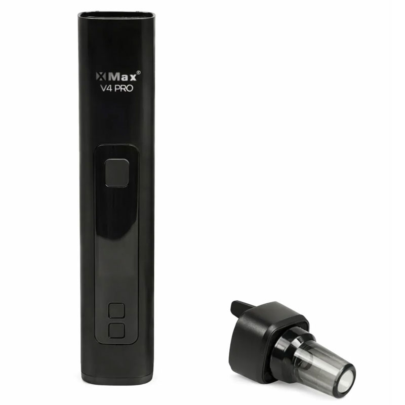 Black XMax V4 Pro vaporizer with its detachable mouthpiece placed beside the device