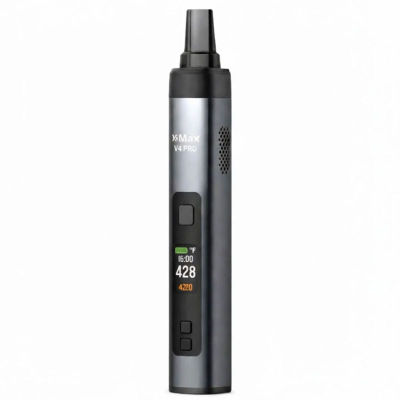 Silver gradient XMax V4 Pro dry herb vaporizer with the digital display illuminated