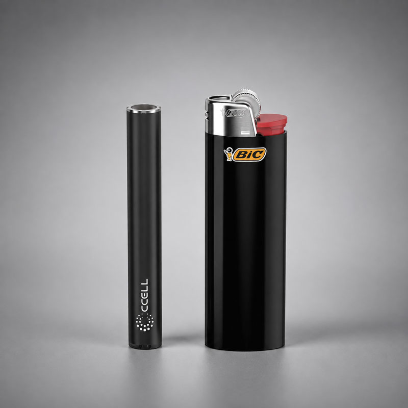 CCELL M4 vape battery shown beside a BIC lighter for size comparison