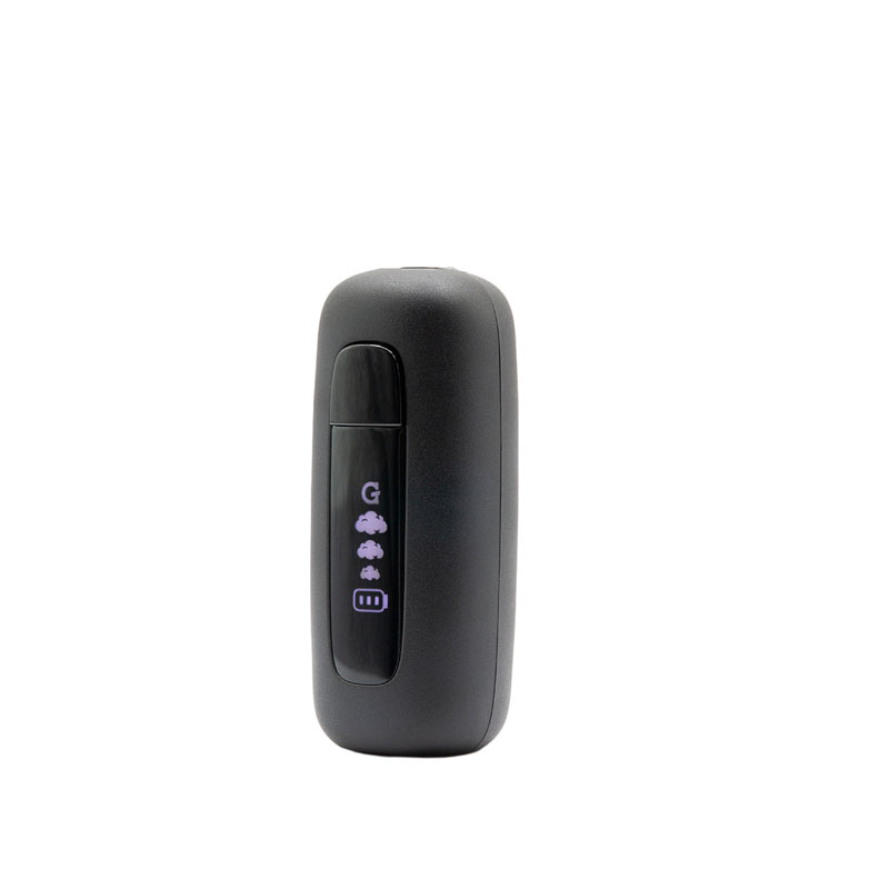Front-left angled view of the black G Pen 510 OG battery with its display illuminated