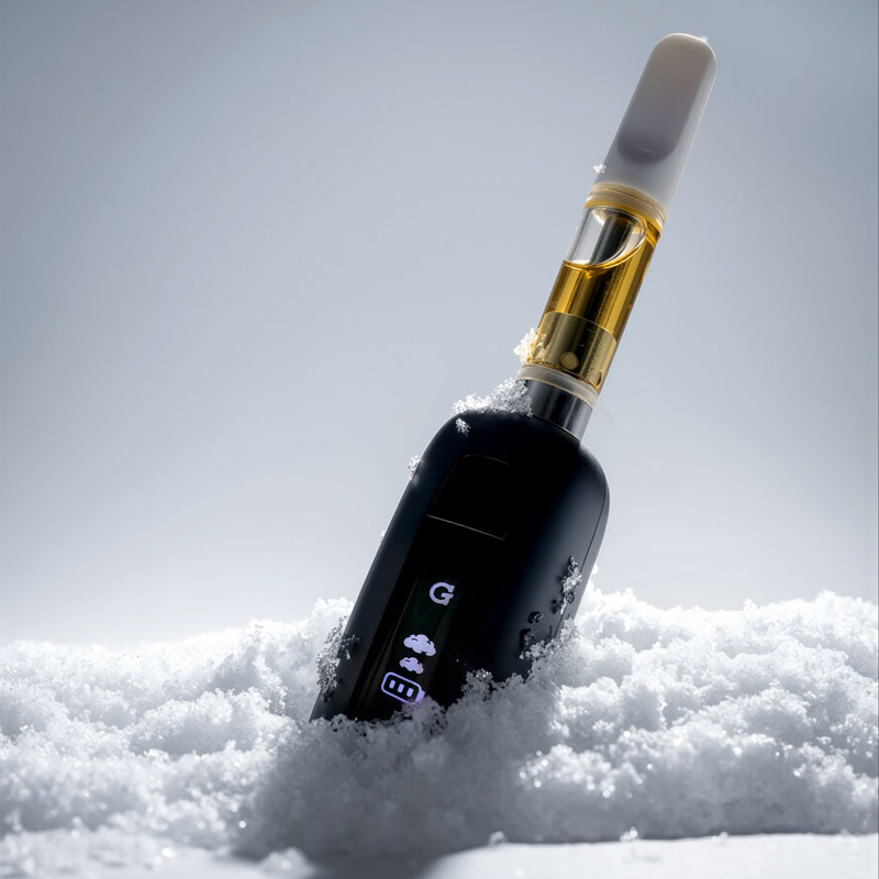 Black G Pen 510 OG battery with cartridge standing upright in snow