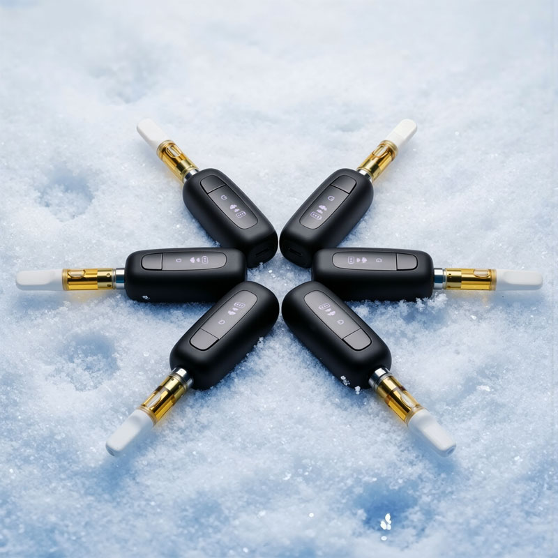Six G Pen 510 OG batteries with cartridges arranged in a circle on snow
