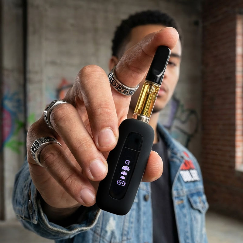 Man holding a black G Pen 510 OG battery with cartridge towards the camera