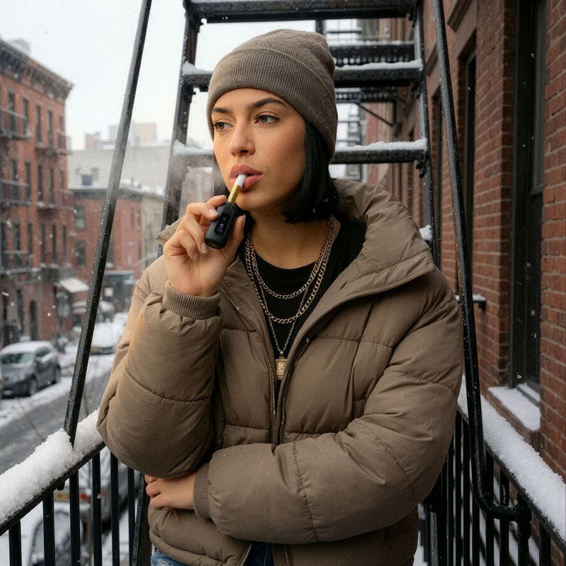 Woman using the G Pen 510 OG battery on a snow-covered city fire escape