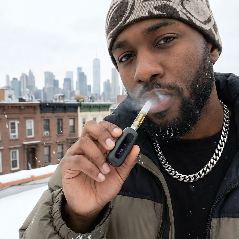 Man using the G Pen 510 OG battery outdoors in a snowy city setting