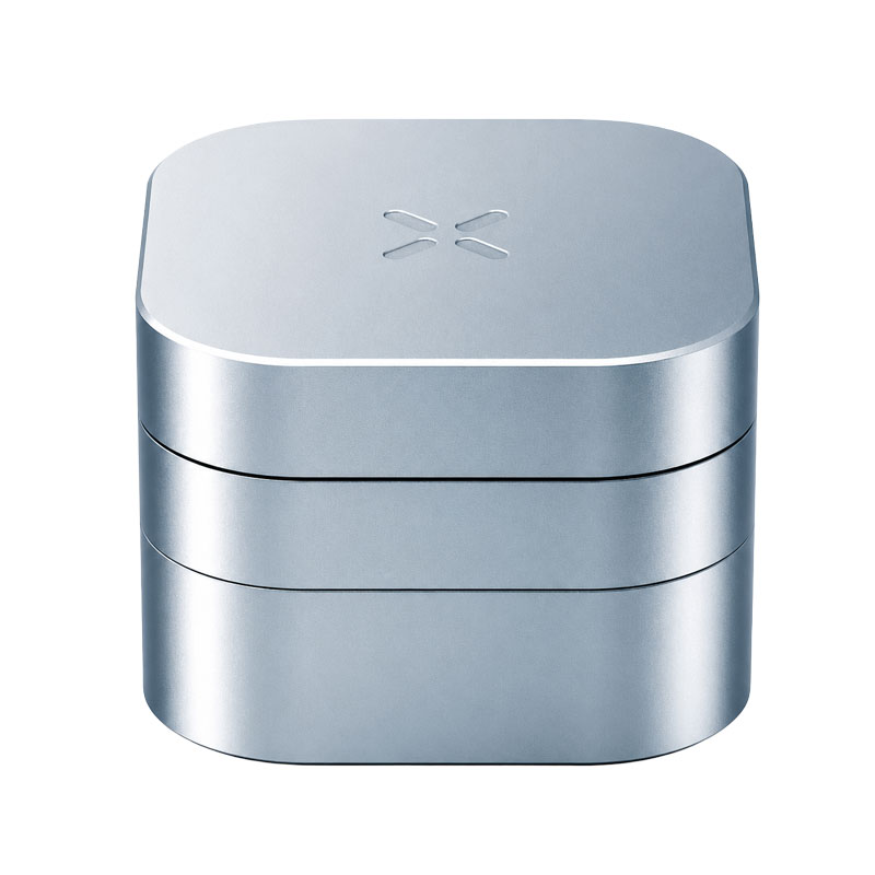 PAX Grinder in Blue Haze with three-piece aluminium design on white background