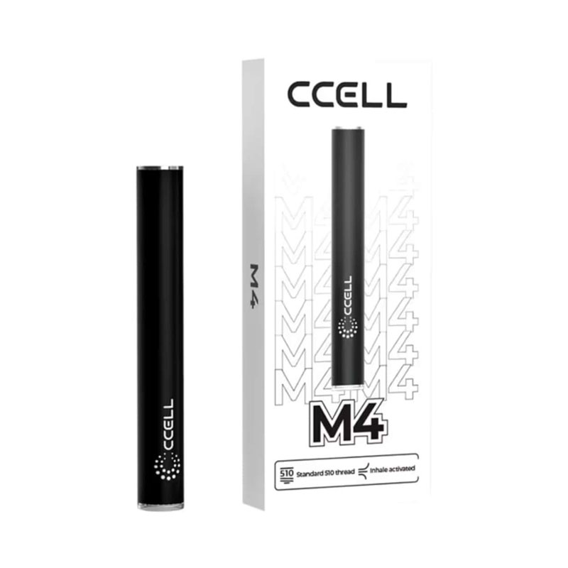 CCELL M4 black 510 vape battery displayed beside its retail box