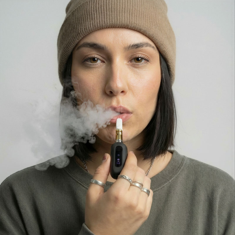 Woman using the G Pen 510 OG battery with a cartridge and exhaling vapour