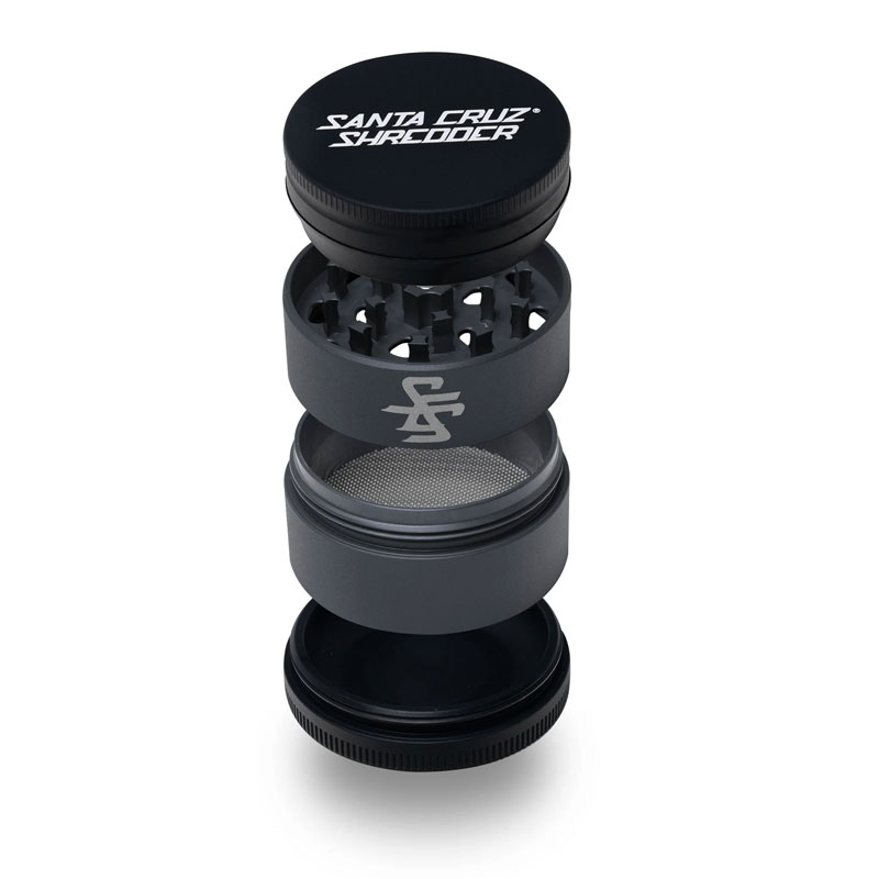Santa Cruz Shredder Split Series grey and black 4 piece herb grinder shown in an exploded open view