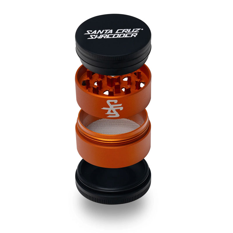 Santa Cruz Shredder Split Series orange and black 4 piece herb grinder shown in an exploded open view