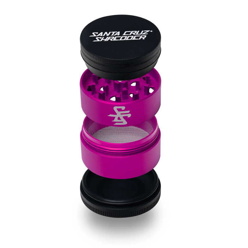 Santa Cruz Shredder Split Series pink and black 4 piece herb grinder shown in an exploded open view