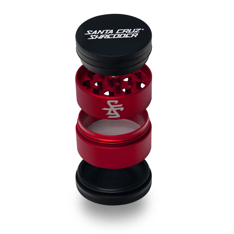 Santa Cruz Shredder Split Series red and black 4 piece herb grinder shown in an exploded open view