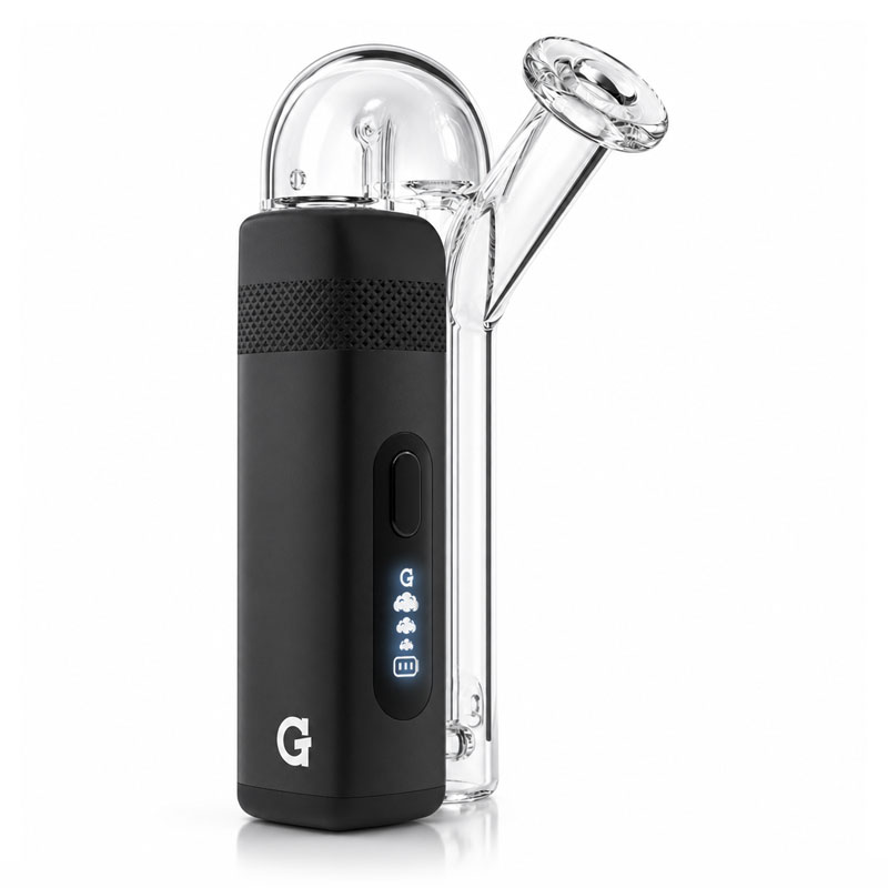 G Pen Micro 2 Vaporizer with clear glass Sidecar Showerhead Bubbler attached and angled glass mouthpiece