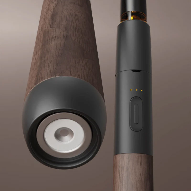 Vessel Craftsman 510 Battery showing the metal base, wooden body and 510 oil cartridge fitted at the top