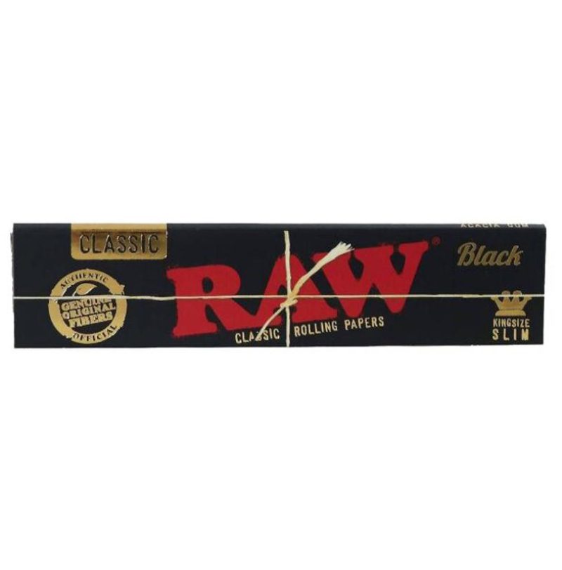 One pack of RAW Black Kingsize Slim unrefined rolling papers featuring black and gold packaging, red RAW logo, and eco-friendly natural fibre design.