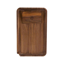 Dark walnut wooden rolling tray with a rounded edge and insert.