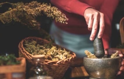 Grinding Dried Cannabis Buds With Mortar and Pestle.